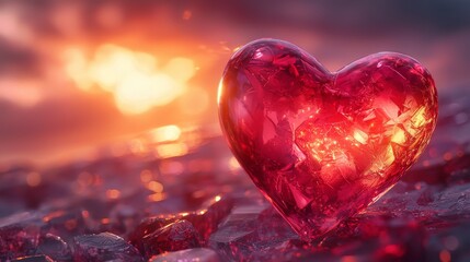 Valentine's Day Red Crystal Heart at Sunset Romantic Scene Nature Serene Waterscape Artistic Viewpoint for Lasting Love