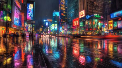 Obraz premium Vibrant Cityscape Night Rain Reflection: Neon Lights Illuminating Wet Streets