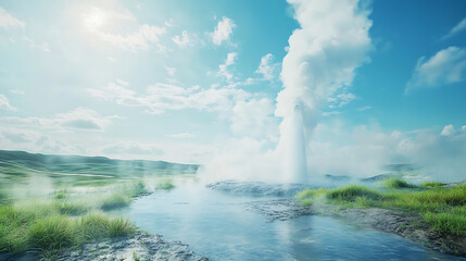 Majestic geyser erupting in a serene natural setting, with steam and water blending into a vibrant blue sky and green landscape