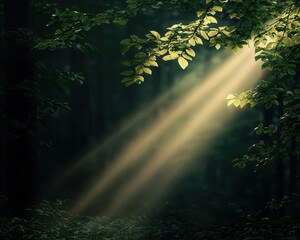 Obraz premium Sunbeams breaking through forest canopy, wildlife roaming in a quiet natural setting