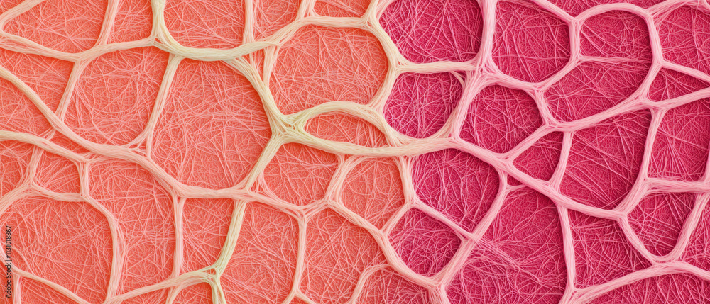 Poster a colorful, abstract close-up of interconnected cells or fibers, showcasing intricate patterns in sh