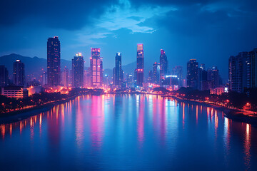 Obraz premium A breathtaking cityscape with illuminated skyscrapers and reflections in a calm river