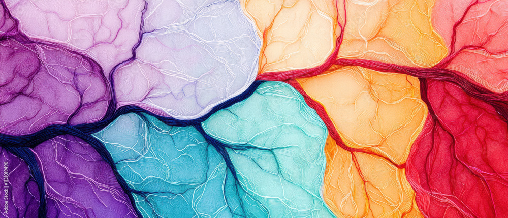 Poster a vibrant abstract pattern of interconnected shapes in various colors, resembling organic forms or f