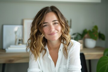 Fototapeta premium Portrait of a blissful woman in her 30s wearing a classic white shirt over stylized simple home office background