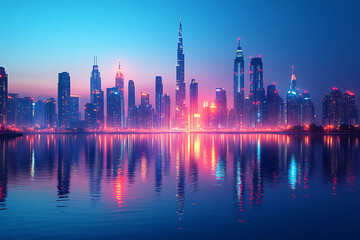 Obraz premium A breathtaking cityscape with illuminated skyscrapers and reflections in a calm river