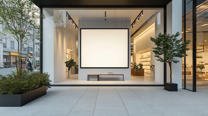 Modern store storefront with blank signage, showcasing minimalist interior design and street view.