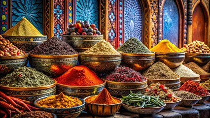 Fototapeta premium Architectural Photography of Spices: Captivating Crushed Spice Structures in Unique Designs, Showcasing Vibrant Colors, Textures, and Cultural Elements for Stunning Visual Appeal