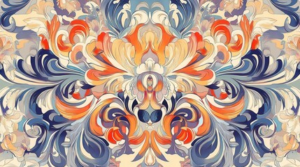 Fototapeta premium Vibrant Swirls and Flourishes: An Abstract Floral Tapestry of Orange, Blue, and Cream Hues