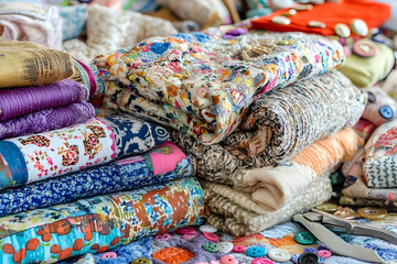 Fototapeta premium Colorful fabrics and sewing accessories on a crafting table