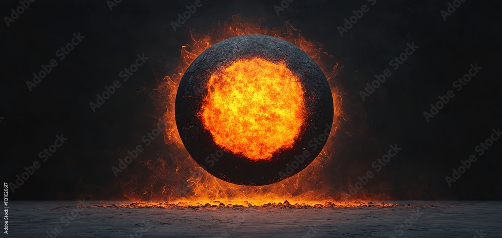 Poster a glowing sphere of fire against a dark background, creating an intense visual effect.