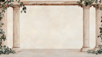 Watercolor texture and vibrancy, A serene architectural scene featuring classical columns adorned with greenery against a soft, neutral background.