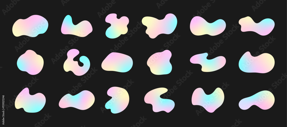 Poster set of holographic irregular organic forms. gradient amoeba blobs, liquid simple shapes, freeform el