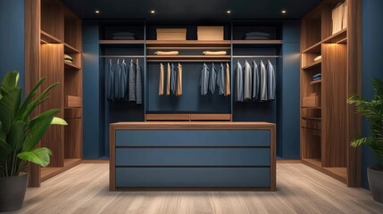 realistic front view of a modern walk-in closet cabinet in warm blue mate uppers cabinet in wood and shelfs
