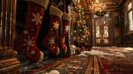 Fototapeta premium A festive scene of Christmas stockings hanging by the fireplace, adorned with snowflakes 