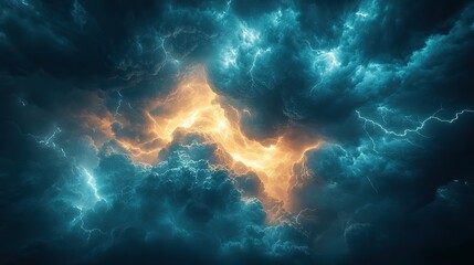 A stormy sky with dark clouds and lightning represents the power of nature, weather patterns, and the potential dangers of a hurricane or thunder