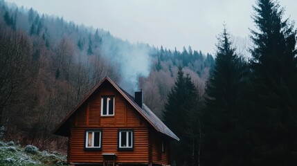 Fototapeta premium A quaint wooden cabin nestled among misty mountains, emitting a cozy smoke trail, embodies rustic charm and tranquil solitude.