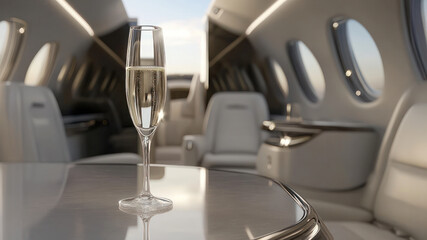 Champagne glass with sparkling wine on a polished wooden table inside a private jet cabin. Luxury travel and aviation concept.
