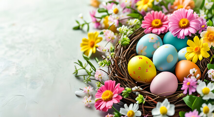 Colorful painted Easter eggs in a basket with flowers. Easter holiday. A religious concept.