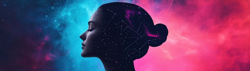 Obraz premium A serene silhouette of a woman against a cosmic background, evoking tranquility and wonder.