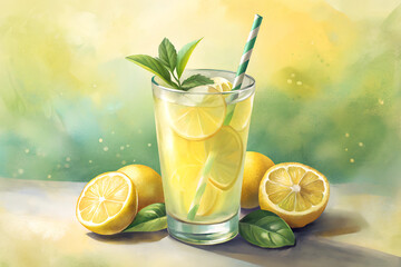 Fototapeta premium A glass of lemonade with a straw and a few slices of lemon on the table. Scene is refreshing and lighthearted