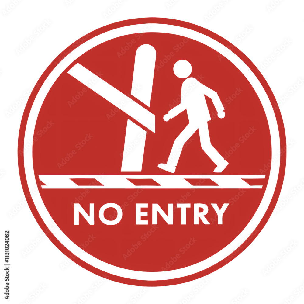 Poster red circular warning sign showing a pedestrian crossed out near a railway barrier, with no entry tex