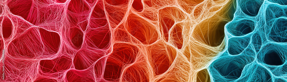 Poster a vibrant abstract design featuring interconnected lines and shapes in red, orange, and blue tones, 