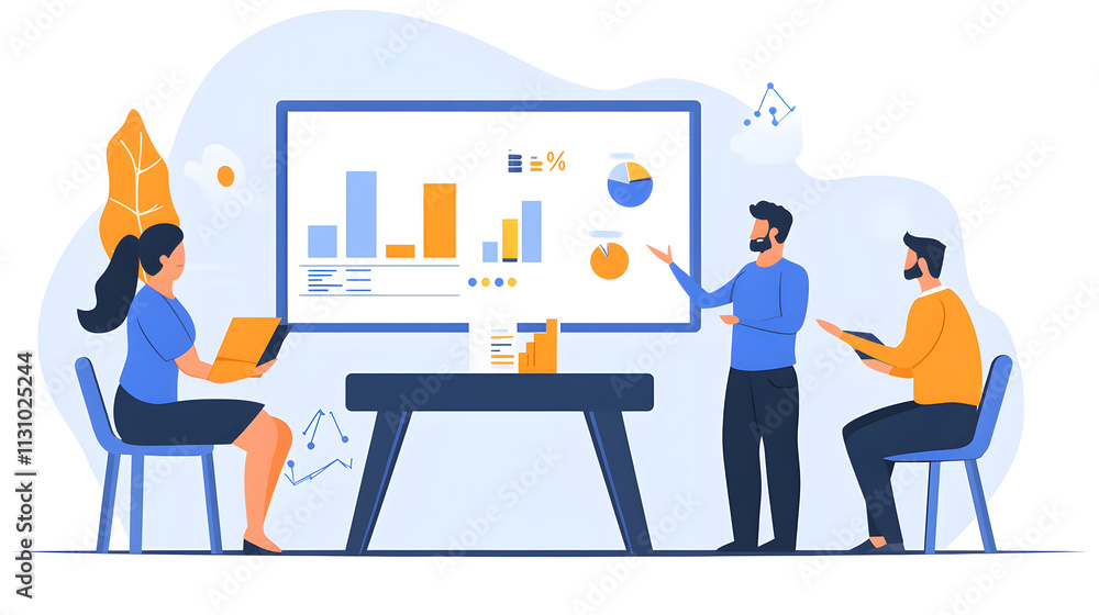 Poster a team analyzes data on a large screen, discussing charts and graphs. one person presents while othe