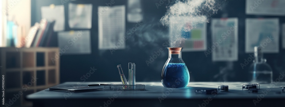 Poster a laboratory scene featuring a bubbling blue flask and various scientific instruments.