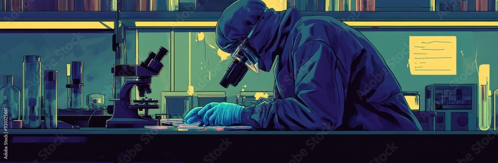 Aufkleber a scientist examines samples under a microscope in a laboratory setting.