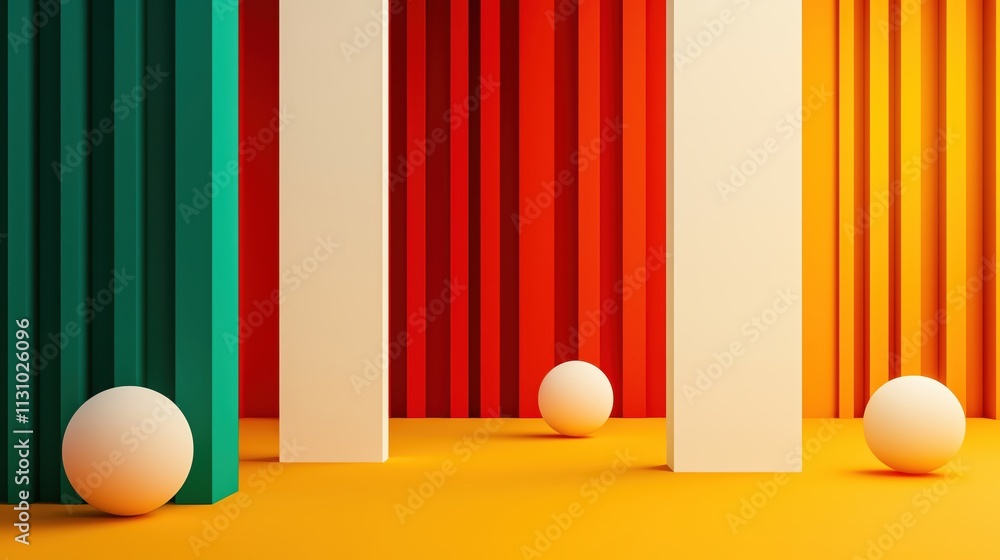 Poster a vibrant and abstract composition featuring colorful vertical shapes and spheres.