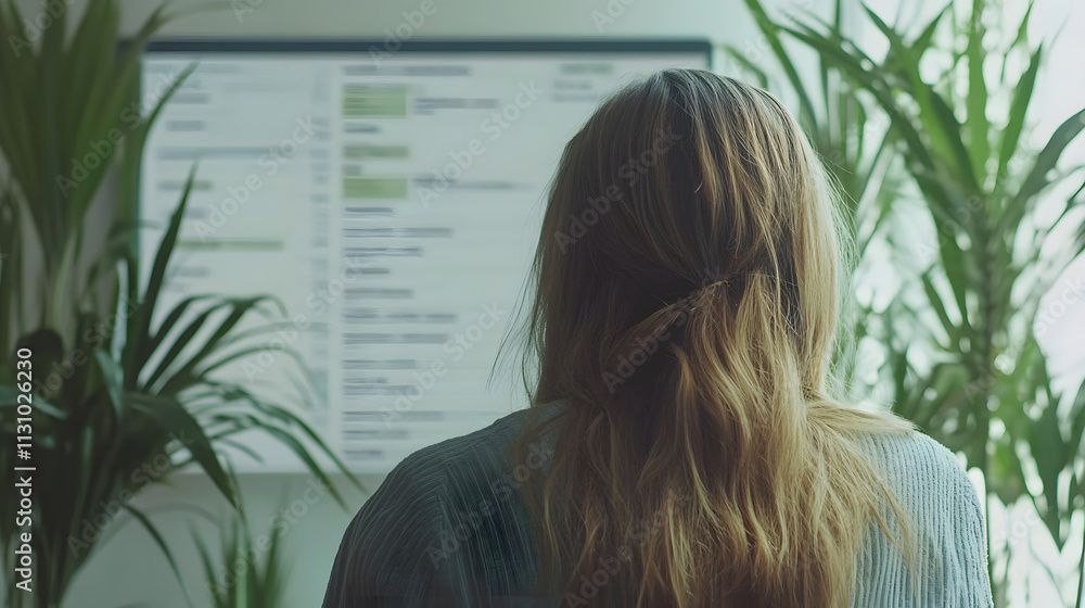 Poster rear view of a woman with long brown hair sitting in front of a computer screen displaying data. lus