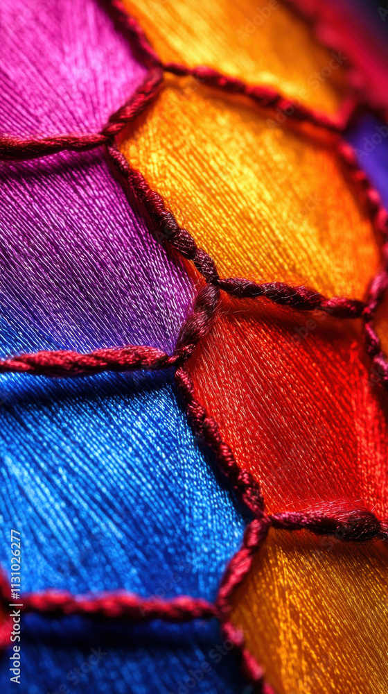 Poster a vibrant, close-up view of multicolored hexagonal patterns, showcasing rich textures and vivid hues