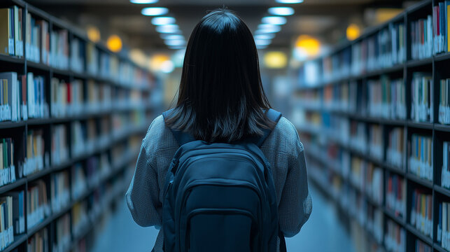 Student in Librery: Young Asian Woman Walking Alone in a University Library at Night