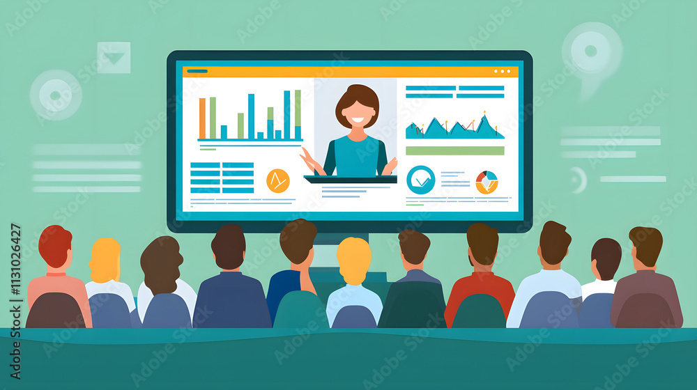 Poster a group of people attend a virtual presentation on a large screen showing graphs and charts. the pre