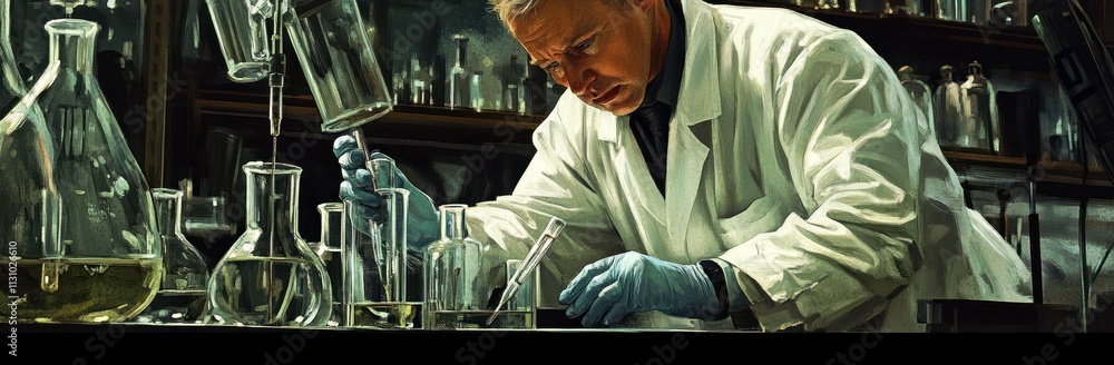 Poster a scientist conducts an experiment in a laboratory filled with glassware and chemicals.
