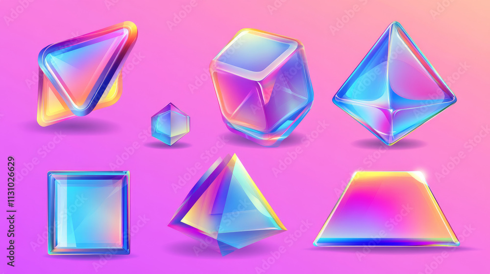 Poster 3d set of holographic round and cylinder shape objects isolated on transparent background. vector re