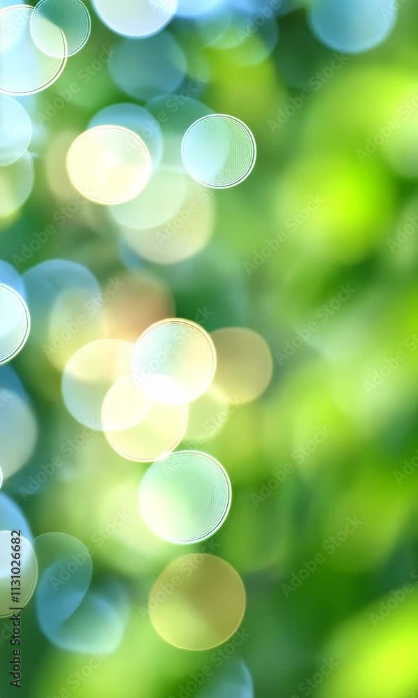 Poster a blurry green background with white circles. the circles are of different sizes and are scattered t