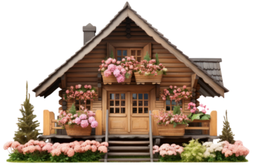Traditional log house with a gabled roof, adorned with flower boxes, isolated on white background