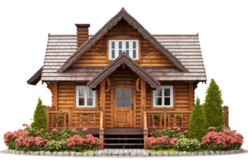Traditional log house with a gabled roof, adorned with flower boxes, isolated on white background