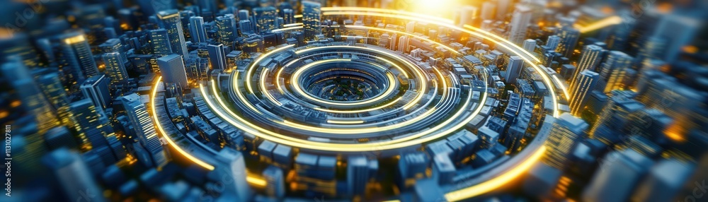 Poster aerial view of a futuristic cityscape with glowing circular patterns, symbolizing technology and inn