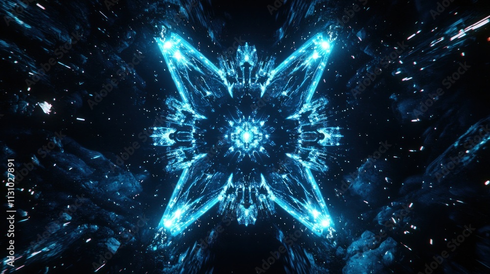 Aufkleber a digital abstract design featuring a glowing blue star-like shape in a dark space.