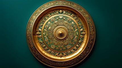 Naklejka premium Ornate gold and green metallic plate on teal background.