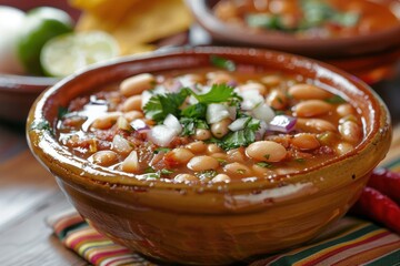 Traditional Mexican dish with pinto beans bacon onion garlic stewed in a bowl on the table Horizontal