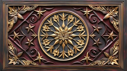 Obraz premium Ornate gold and maroon floral medallion relief.