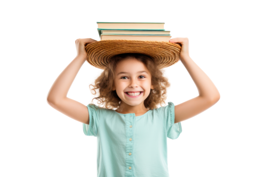 Happy little girl balancing a book on her head with a joyful expression isolated on white background