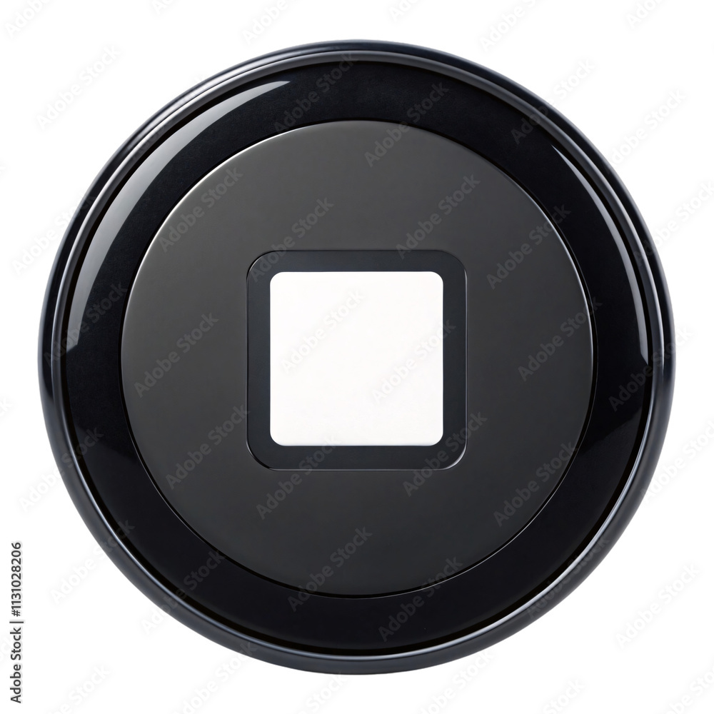 Poster a black circular button with a white square at its center, surrounded by reflective surfaces that gi