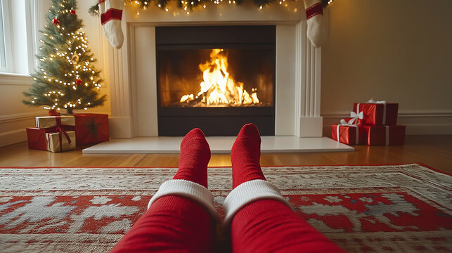 Cozy Christmas Scene: person resting in Christmas dress  by the Fireplace wearing ewd socks and red pants