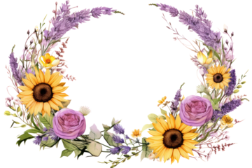 Rustic floral circle frame with an assortment of seasonal blooms including sunflowers and lavender, isolated on white background