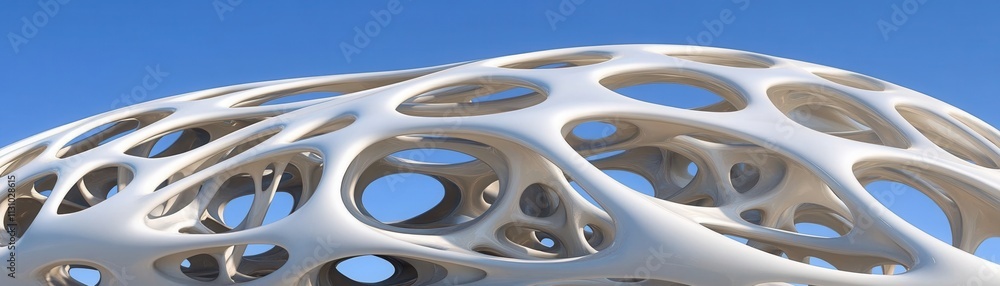 Poster a modern architectural structure featuring an intricate web-like design against a clear blue sky.