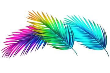 Neon gradient palm leaves featuring a bold mix of bright turquoise, magenta, isolated on white background